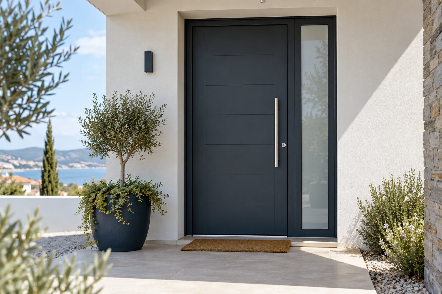 Porta de entrada em PVC antracite com puxador metálico e painel lateral envidraçado